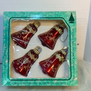 Christmas by Krebs Red Glass Bell Ornaments Gold Glitter Hand Decorated Set of 4